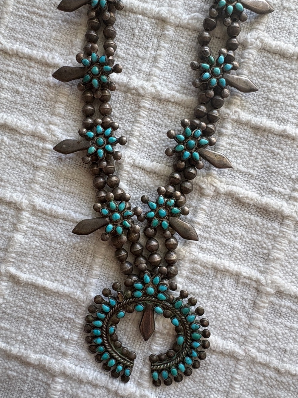 ZUNI OLD PAWN Turquoise Stone Squash Blossom Necklace - Women Jewelry